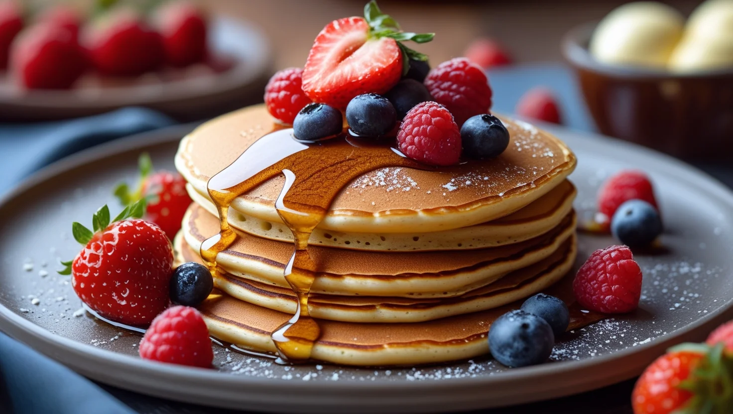 A stack of golden-brown everyday pancakes topped with butter and maple syrup on a white plate.