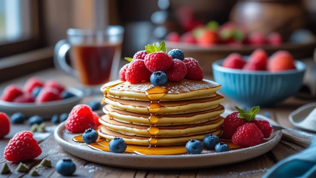 A stack of golden-brown everyday pancakes topped with butter and maple syrup on a white plate.